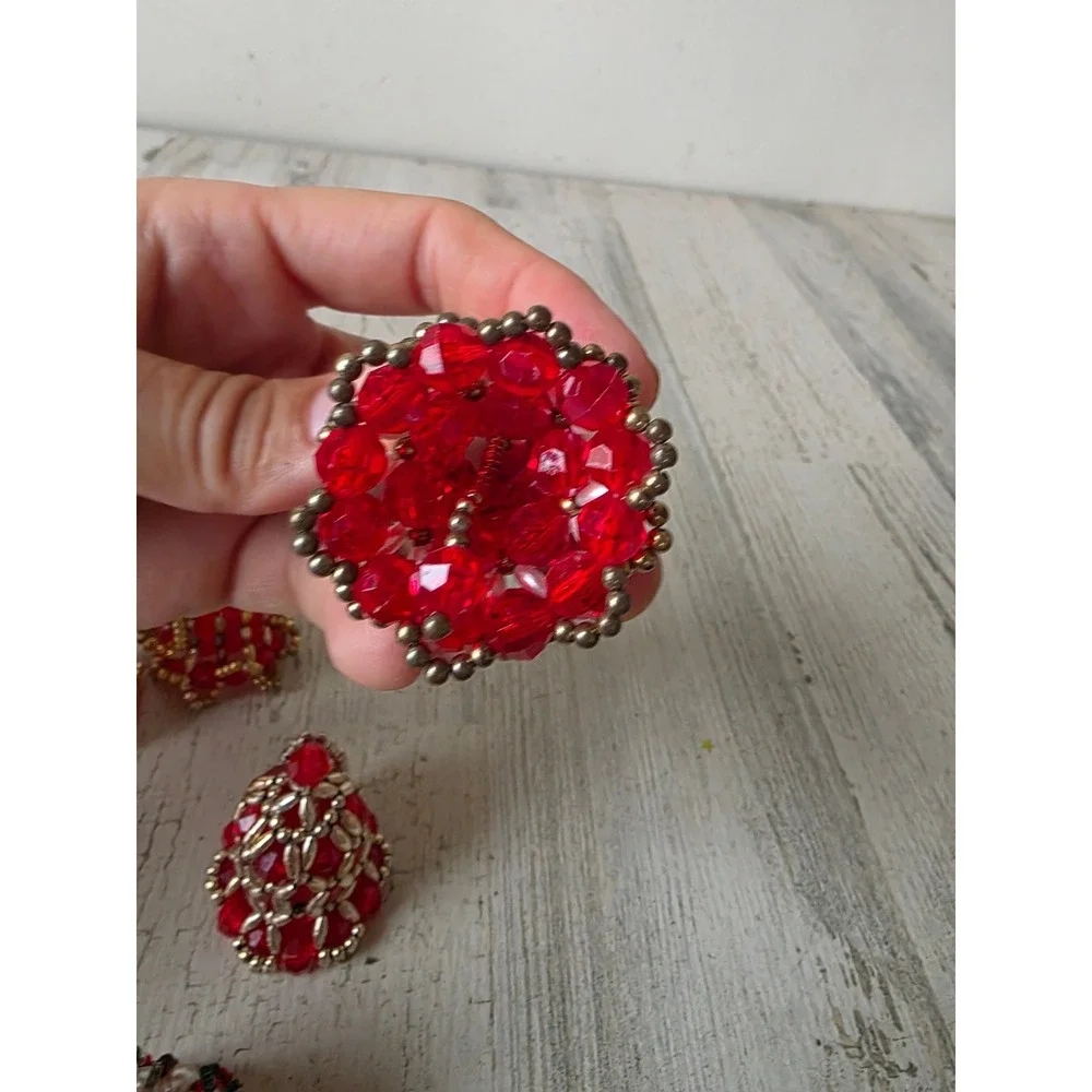 Vintage beaded Bell set ornament red Pearl Xmas gold tree